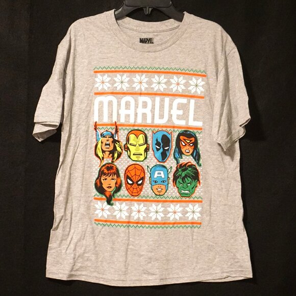 Marvel Holiday Sweater Gray Short Sleeve Tee Shirt Boy’s Large - Picture 1 of 4